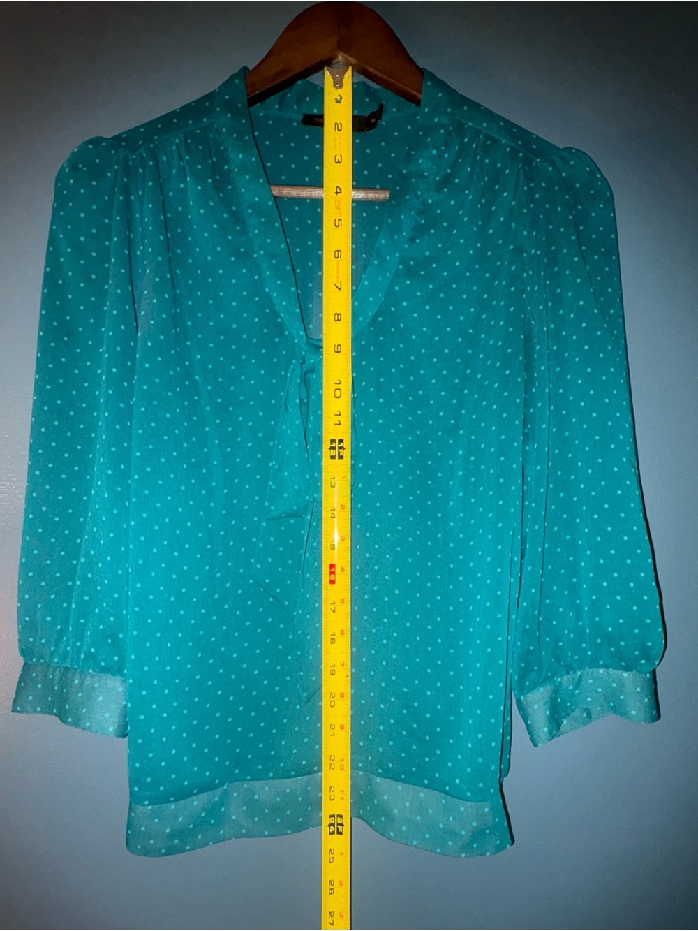 The Limited Teal Polka Dot Tie Neck Blouse XS | Sheer 3/4 Sleeve - Picture 3 of 8